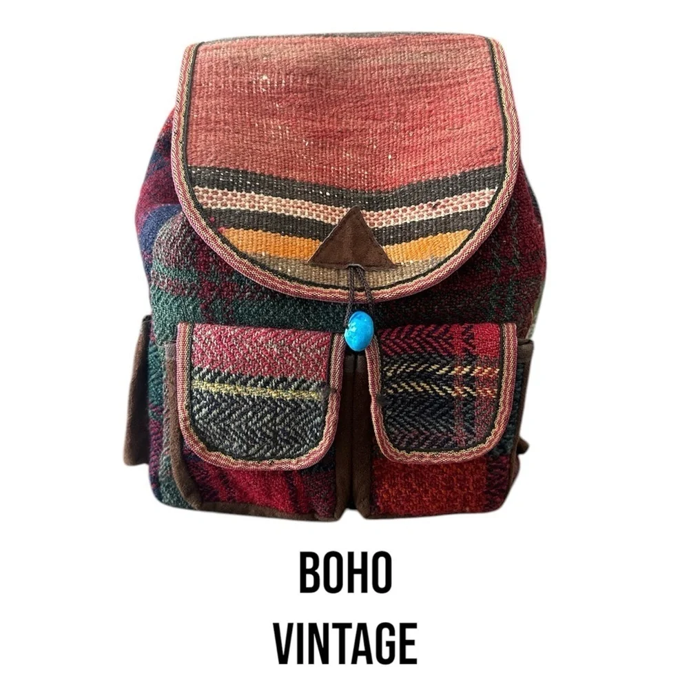BOHO VINTAGE Backpack | Knit Patchwork Multicolour - Picture 1 of 9